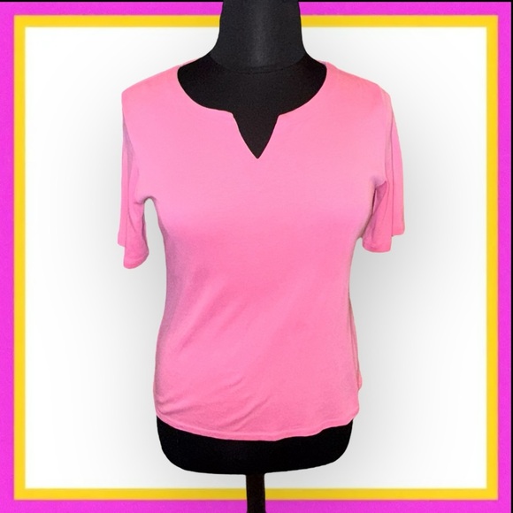 TALBOTS SPLIT NECK COTTON TEE - SOLID PINK - Picture 2 of 12